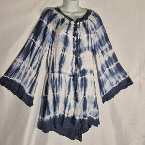 Ace Fashion BOHO dress, Blue and white Tie Dye, belled sleeves,  OSFM